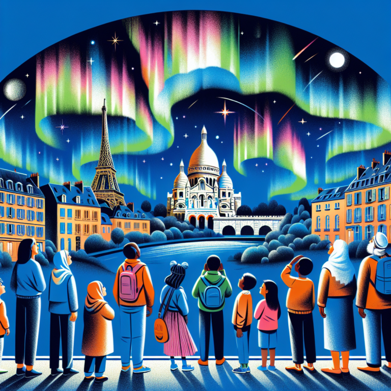 A photography for children of a vibrant northern lights display over the landscapes of France, with people gazing at the colorful sky in awe.