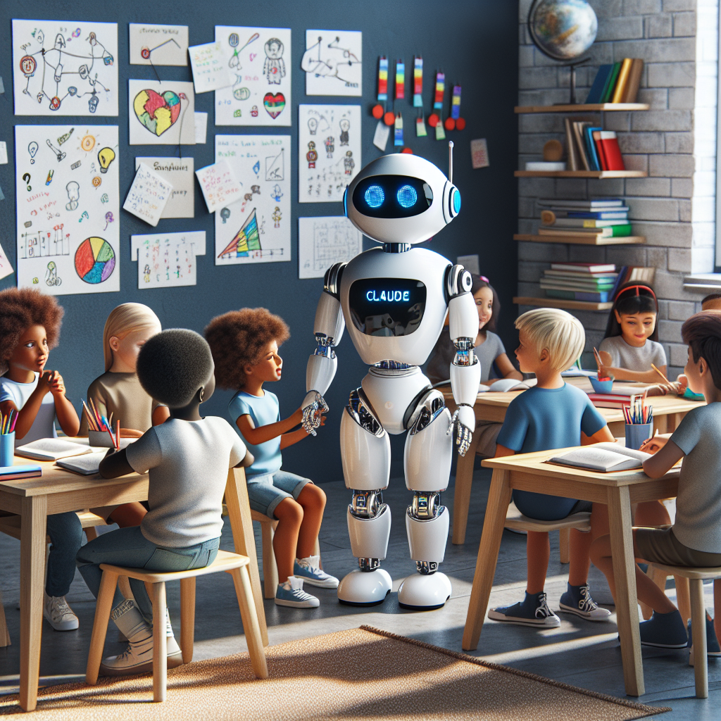 a photography for children of a friendly robot named Claude chatting with kids and helping them with their homework.