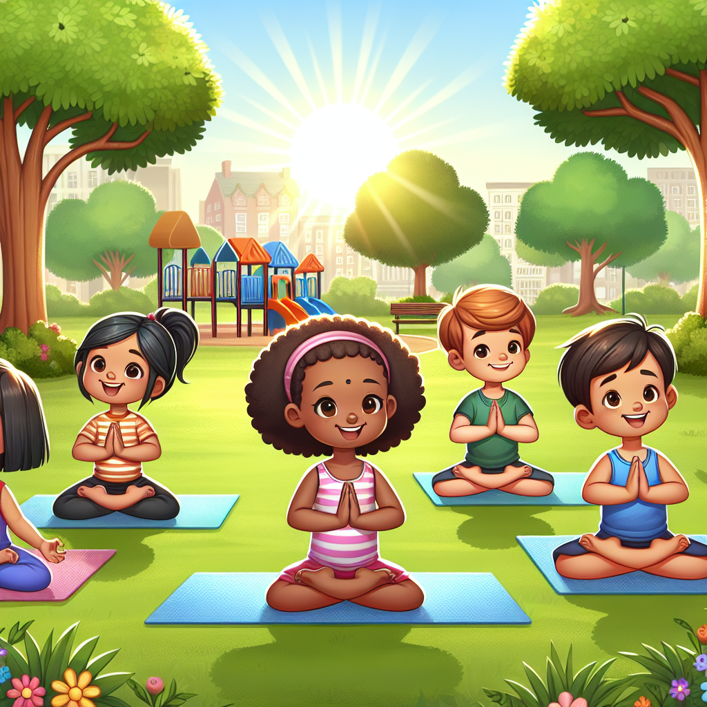 "A photography for children of a group of diverse kids practicing yoga in a park with bright sunshine and cheerful expressions."