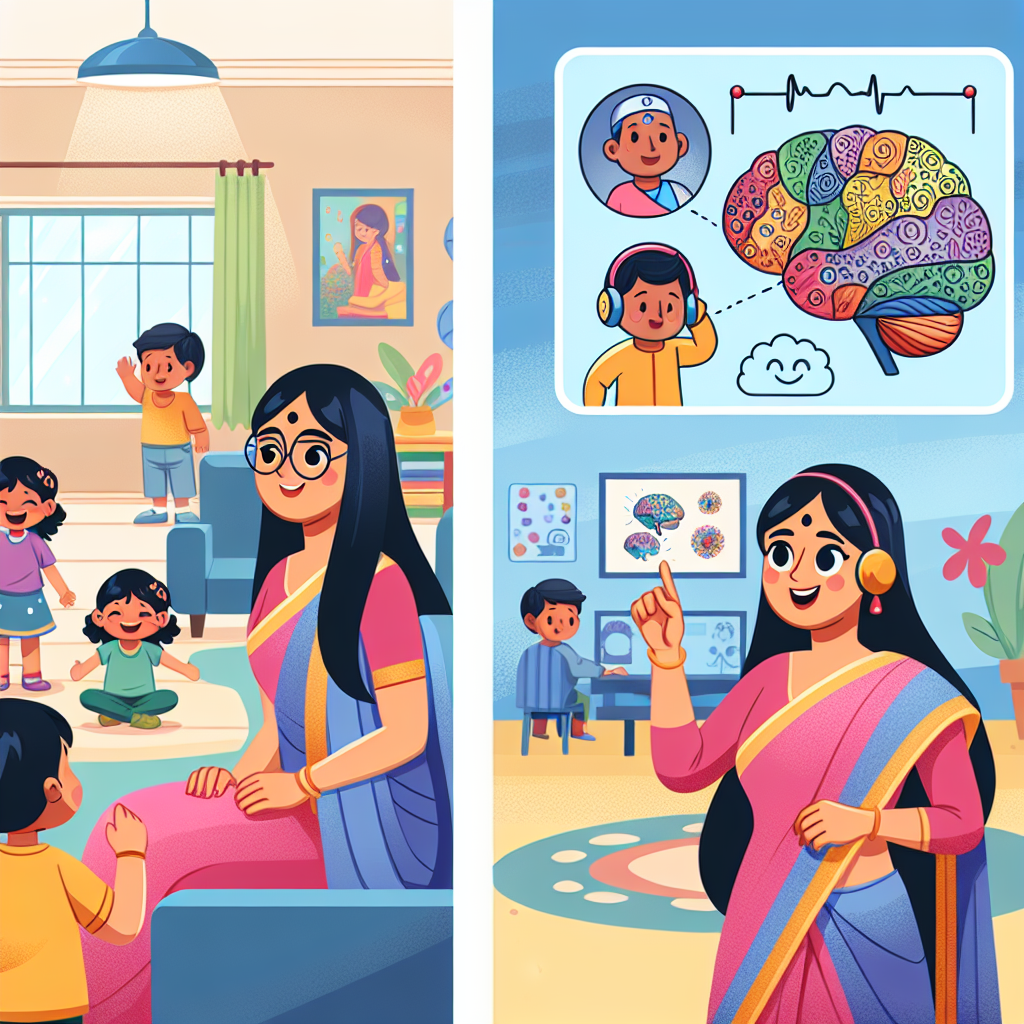 A photography for children of a person speaking with very little head movement, alongside an illustration showing brain activity, in a colorful and friendly cartoon style.