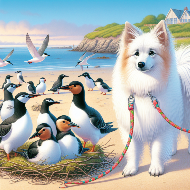 A photography for children of seabirds nesting calmly on a beach with a dog on a leash nearby.