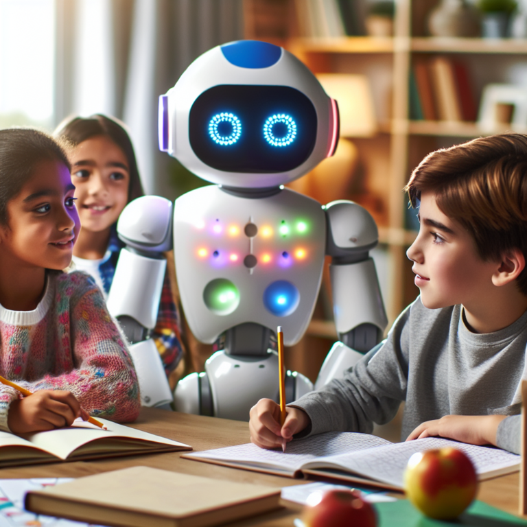 a photo for children of a friendly robot with colorful lights helping kids with their homework.