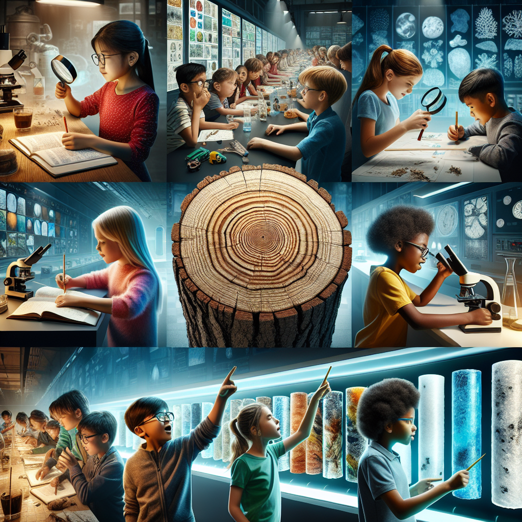 A photography for children of scientists examining tree rings and ice cores to study past climates.
