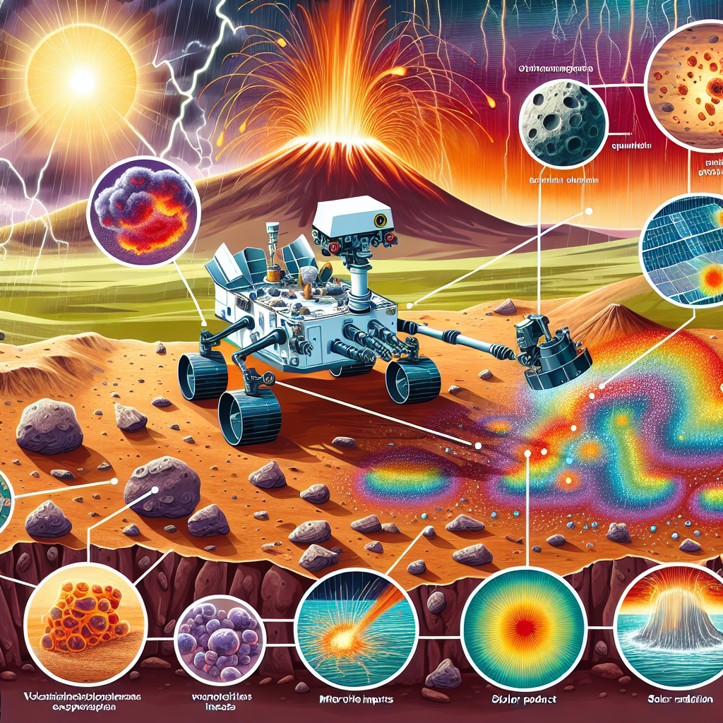 "a photography for children of the Curiosity rover discovering organic matter in Gale Crater on Mars, with colorful diagrams showing volcanic explosions, meteorite impacts, and solar radiation."