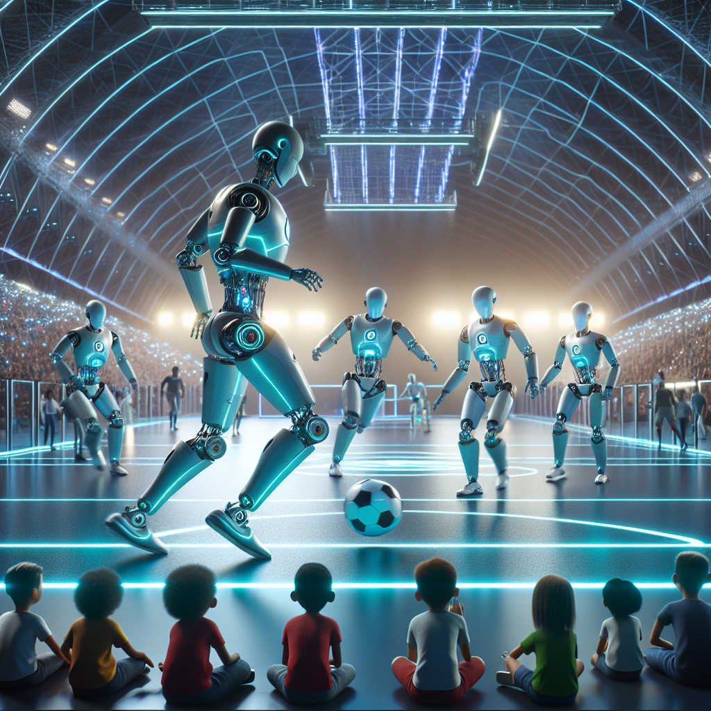 Here's a prompt for DALL-E in English: "a photography for children of robots playing soccer at a futuristic technology event"