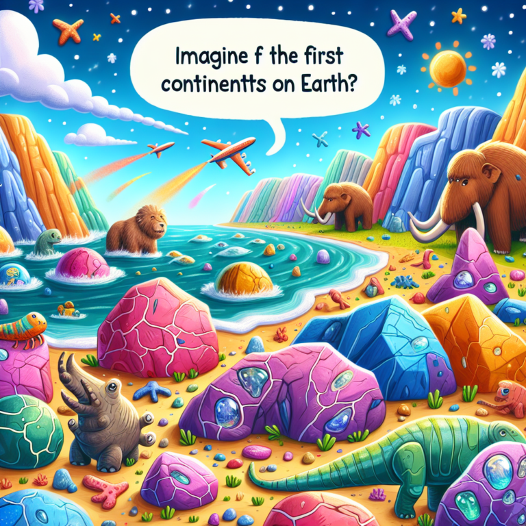 A photography for children of the first continents forming on Earth with colorful rocks and playful elements like rain, wind, and animals helping in the process.