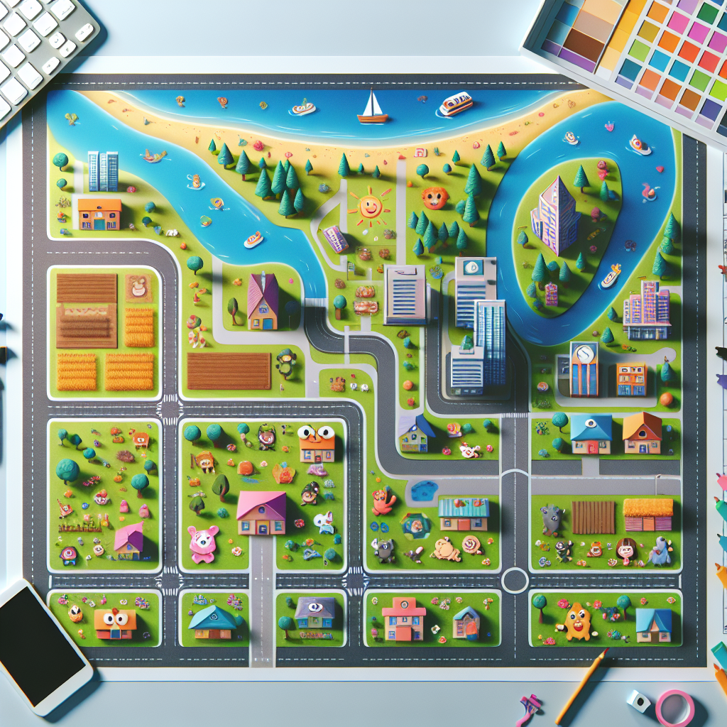 A photograph for children of a colorful and detailed map highlighting buildings, forests, and beaches with animated elements like smiling trees and playful animals.