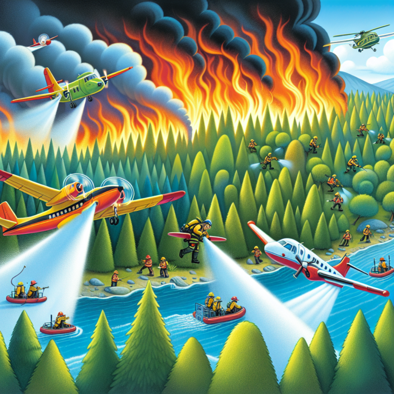 A photography for children of firefighters using planes and helicopters to extinguish forest fires in Canada.