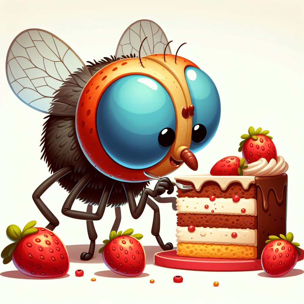 A photography for children of a fly with large eyes tasting a piece of cake using its feet in a colorful cartoon style.