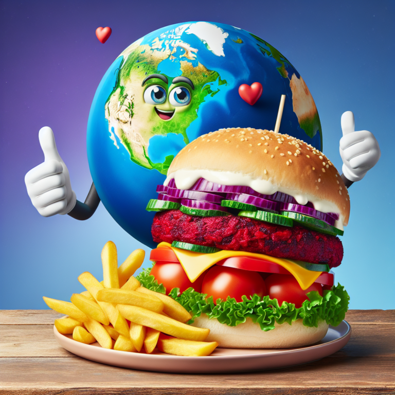 A photography for children of a colorful plant-based burger on a plate with a happy Earth character giving a thumbs-up in the background.