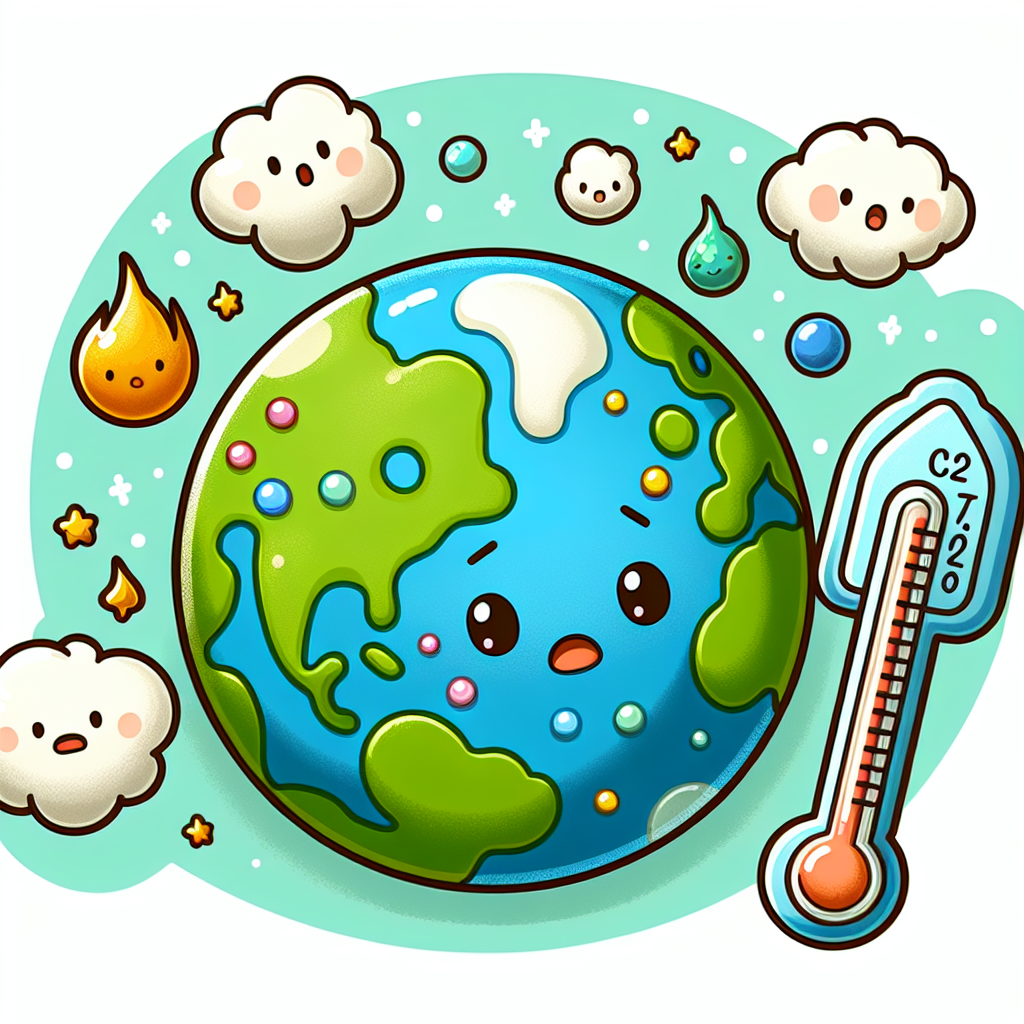 A photography for children of a planet Earth with a thermometer showing rising temperature and cartoonish CO2 molecules floating in the air.