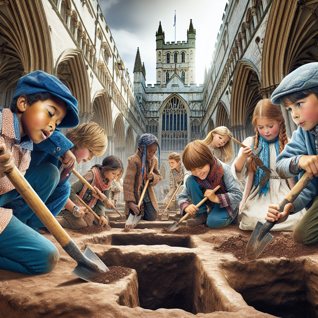 A photograph for children of archaeologists uncovering an ancient Roman fort beneath Exeter Cathedral using excavation tools.