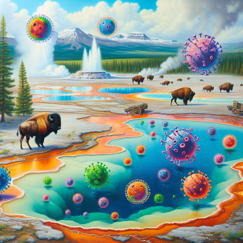 A photography for children of giant viruses living in the colorful, boiling hot springs of Yellowstone National Park, with geysers and bisons in the background.