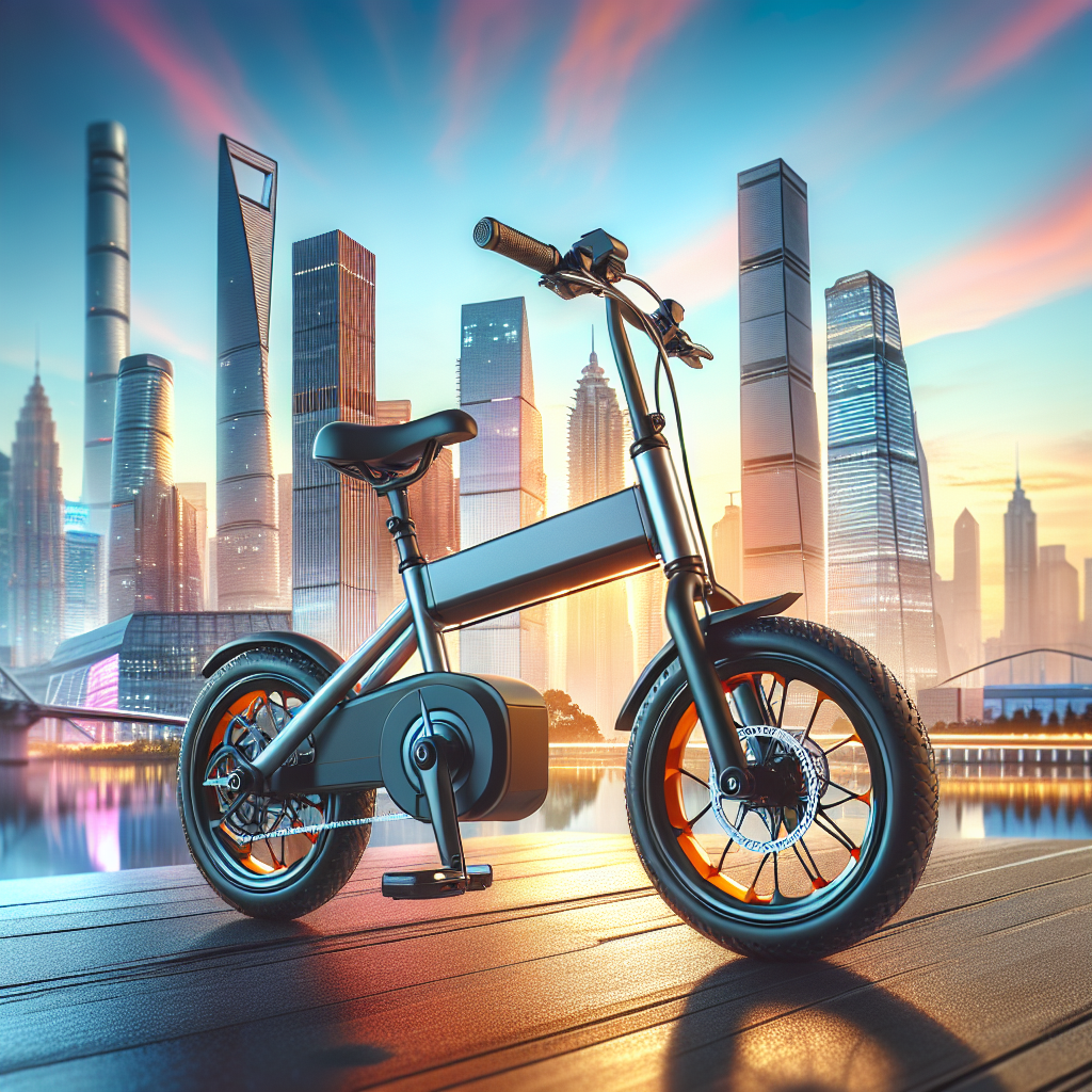 "A photography for children of a sleek, modern electric bicycle with a central motor, robust tires, and a vibrant cityscape in the background."