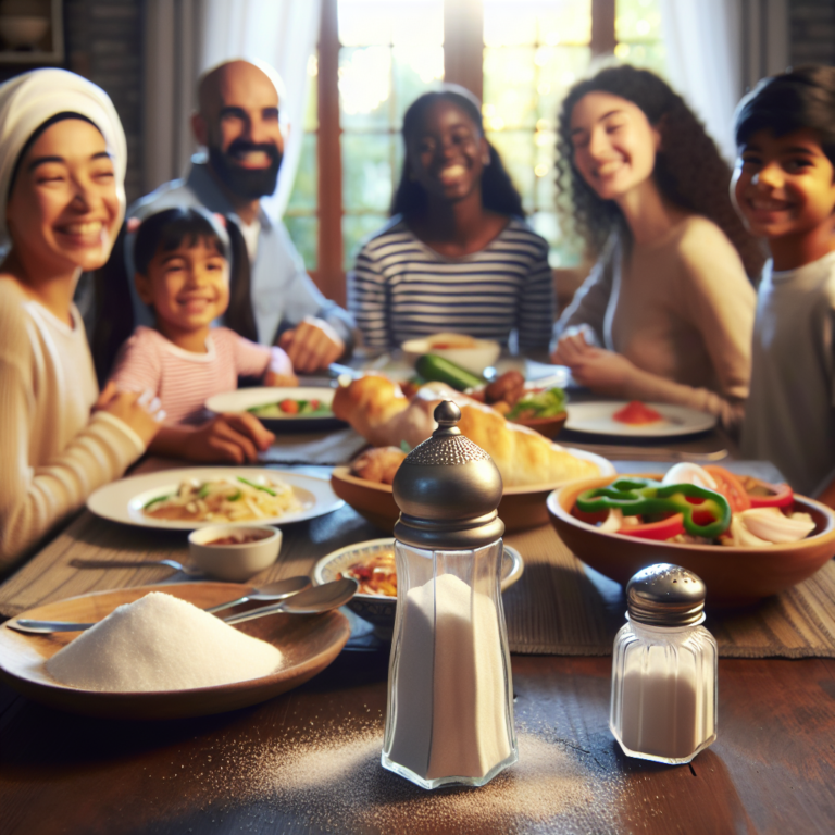 "A photography for children of a happy family having dinner together, with a focus on the salt shaker to emphasize its importance."