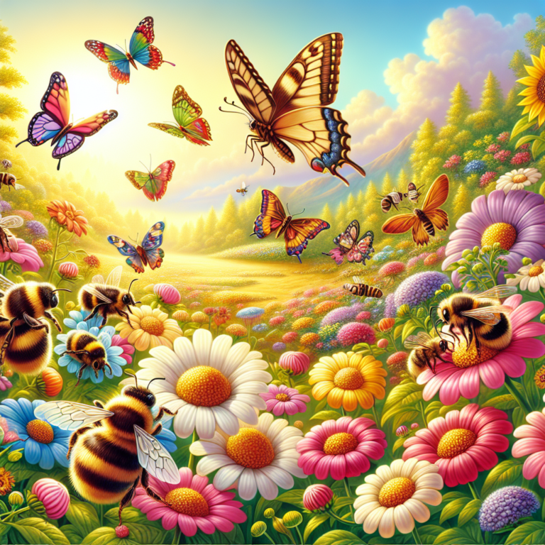 "a photography for children of bees and butterflies happily pollinating colorful flowers in a sunny garden"