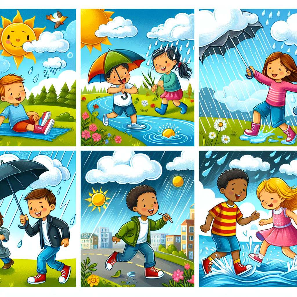 "A photography for children of various weather conditions including sunny days, rain showers, and windy scenes."