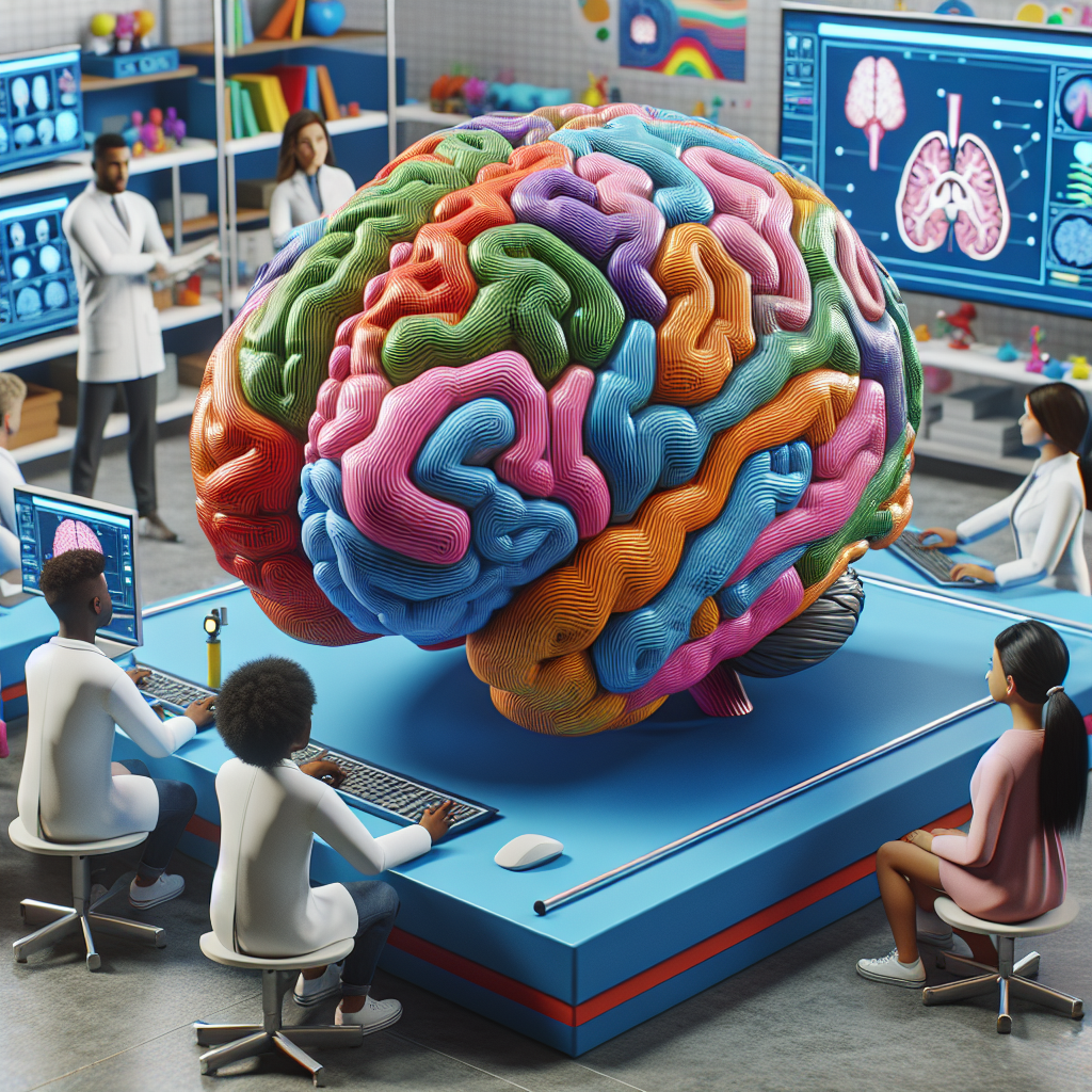 A photograph for children of a colorful 3D map of a human brain created by scientists using advanced artificial intelligence.