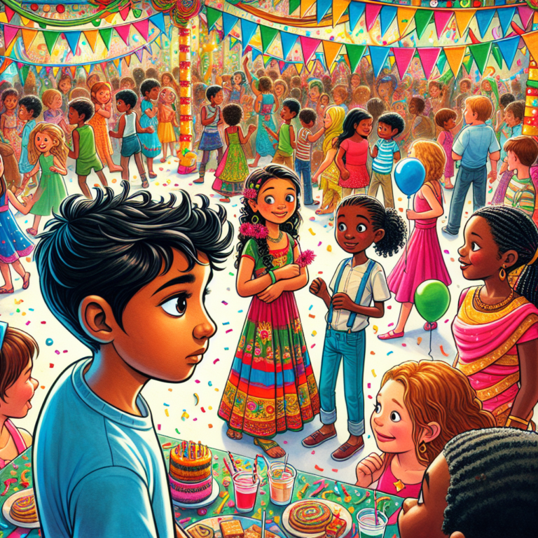 "A photography for children of a colorful party scene where a child is attentively listening to their friend, clearly focusing on them despite the loud background noise."