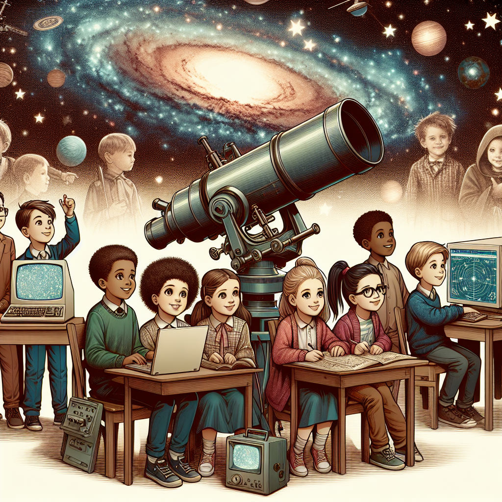 A photography for children of young students discovering ancient stars in the Milky Way galaxy using old telescope data and computer analysis.