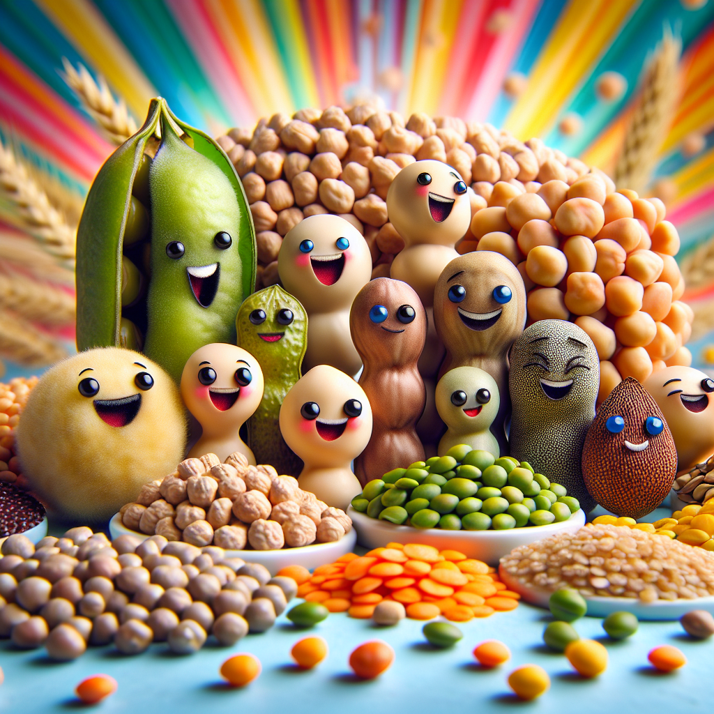 A photography for children of various legumes and seeds like chickpeas, lentils, and quinoa, with animated smiley faces on them, set against a colorful background.