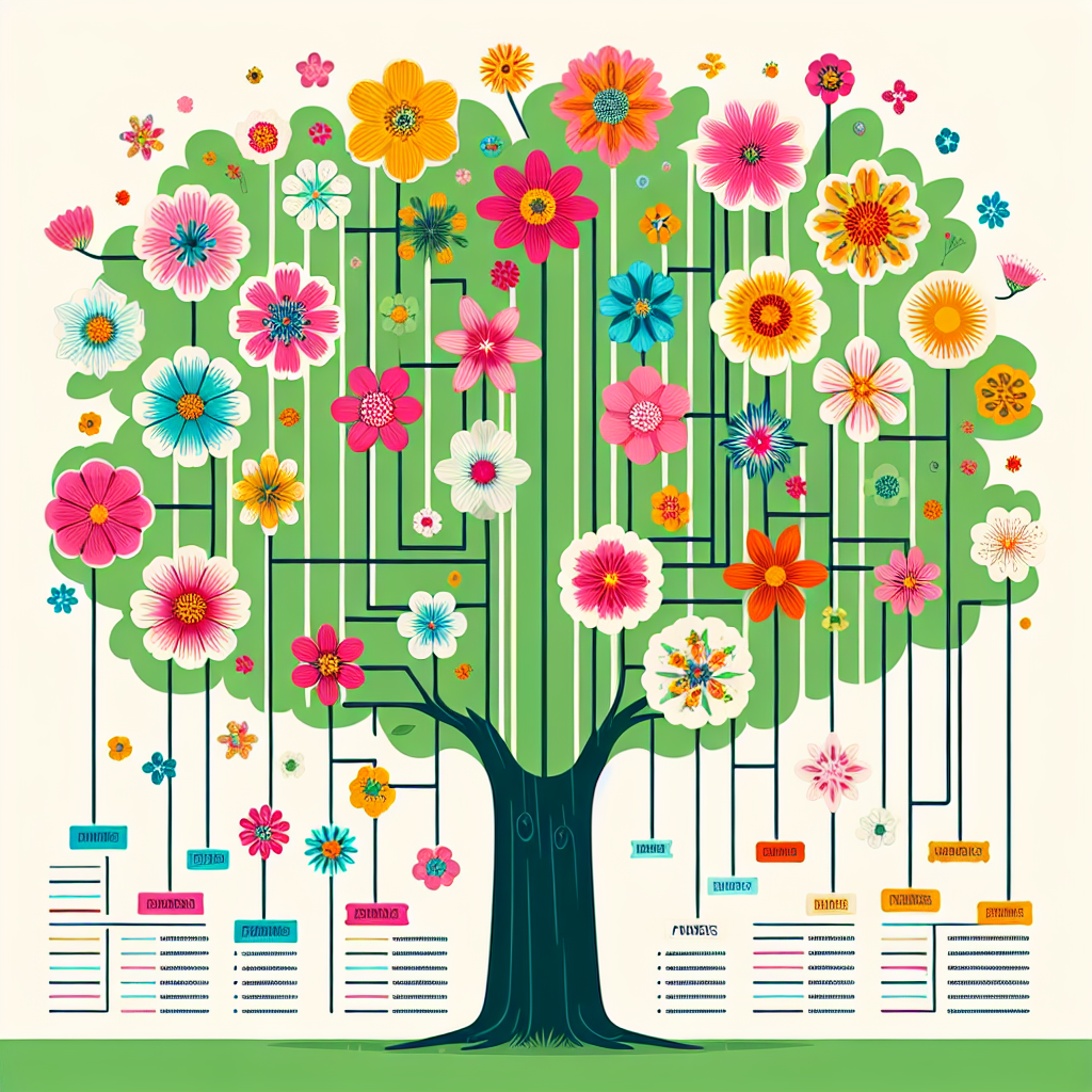 a photography for children of a giant family tree of flowering plants with colorful branches and different flowers, showing their connections like a genealogy.