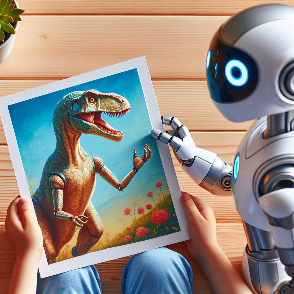 "a photography for children of an intelligent robot named GPT-4o explaining a dinosaur story while looking at a picture of a dinosaur"