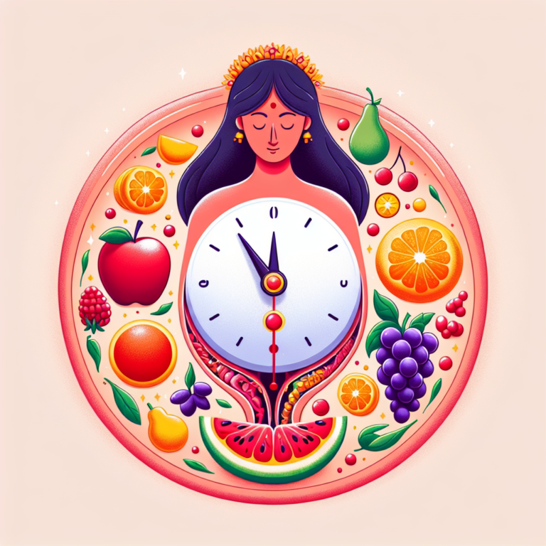 "A photography for children of a magical clock inside a woman's body, symbolizing the biological clock with colorful fruits representing different fertility stages."