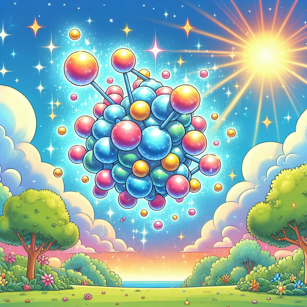 "Generate a vibrant and colorful illustration of a magical molecule acting like a sponge, capturing carbon dioxide from the air, with happy trees and a sunny backdrop for children."