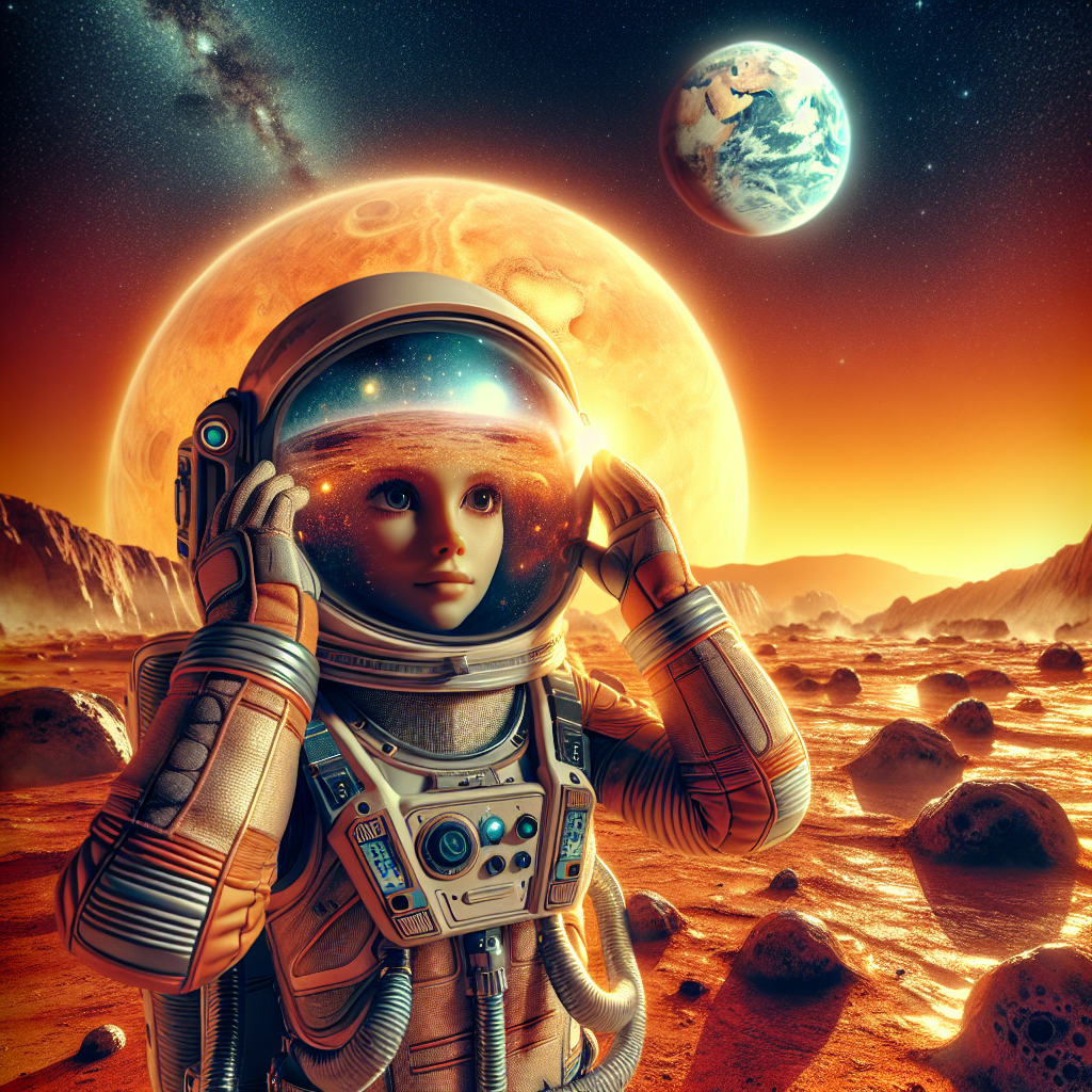 A photography for children of an astronaut exploring a very hot and dry surface of Venus under a blazing orange sky, with Earth visible in the distant space background.