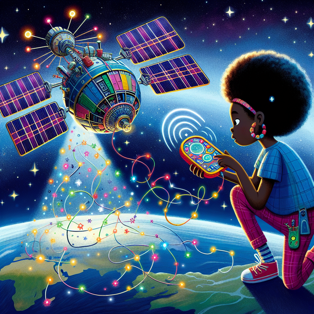 A photograph for children of a satellite with special antennas communicating via Bluetooth with someone on Earth using a colorful gadget.