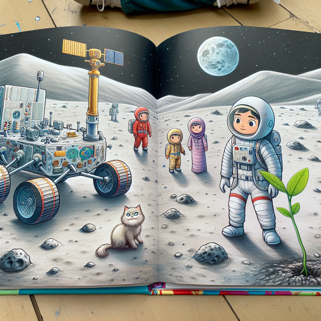 A photography for children of a Chinese lunar rover exploring the far side of the Moon with astronauts and a small plant growing on the lunar surface.