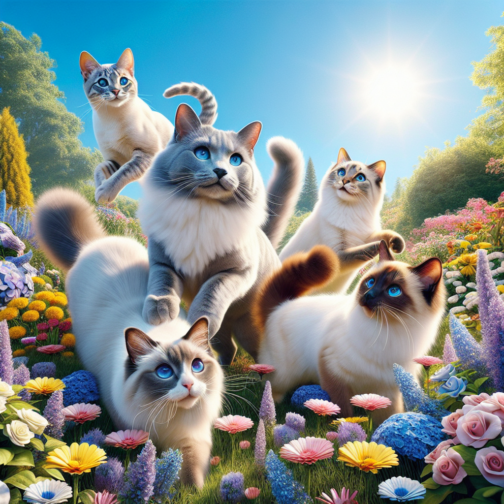 A photography for children of the longest-living cat breeds including a Chartreux, Siamese, Ragdoll, and Burmese, all playing together in a sunny garden.