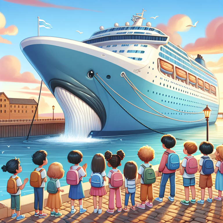 A photography for children of a cruise ship arriving at the Port of Brooklyn with a dead whale attached to its bow, illustrated in a gentle and non-scary manner.