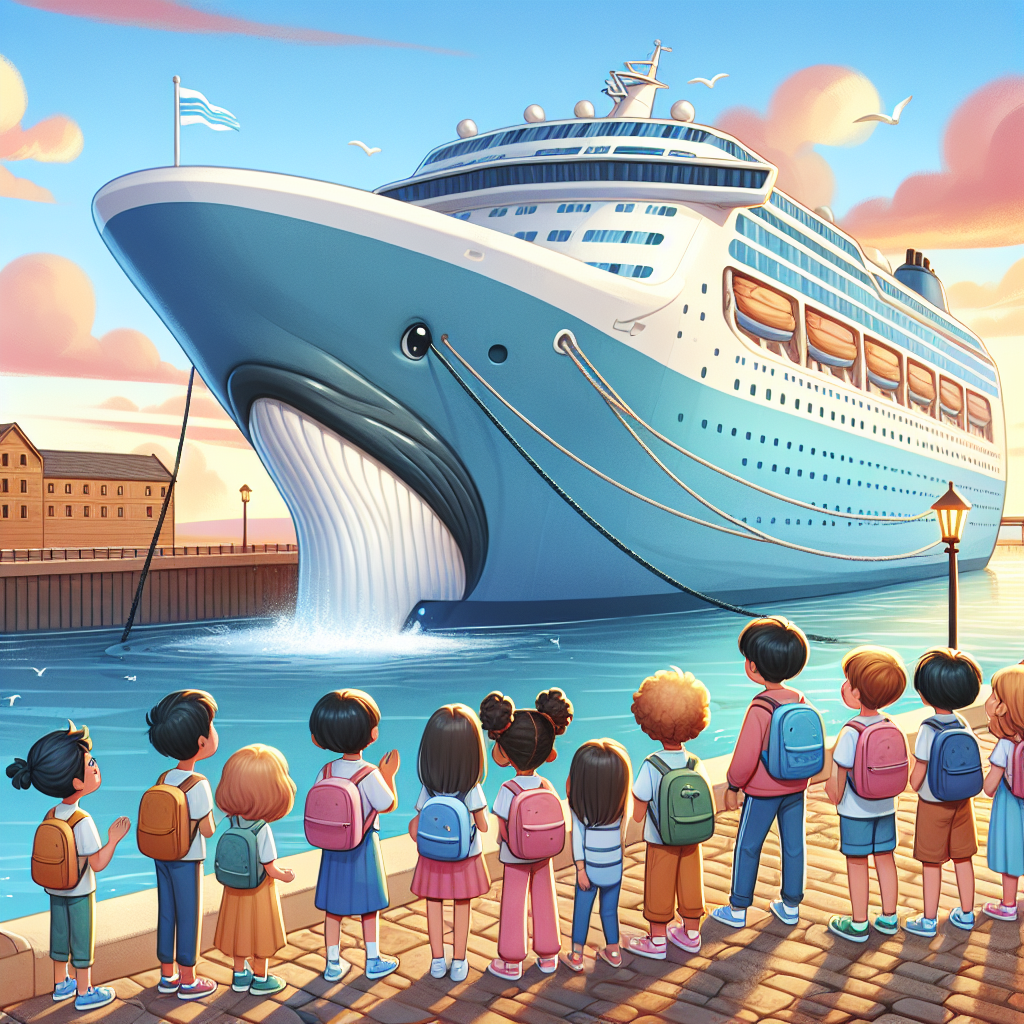 A photography for children of a cruise ship arriving at the Port of Brooklyn with a dead whale attached to its bow, illustrated in a gentle and non-scary manner.