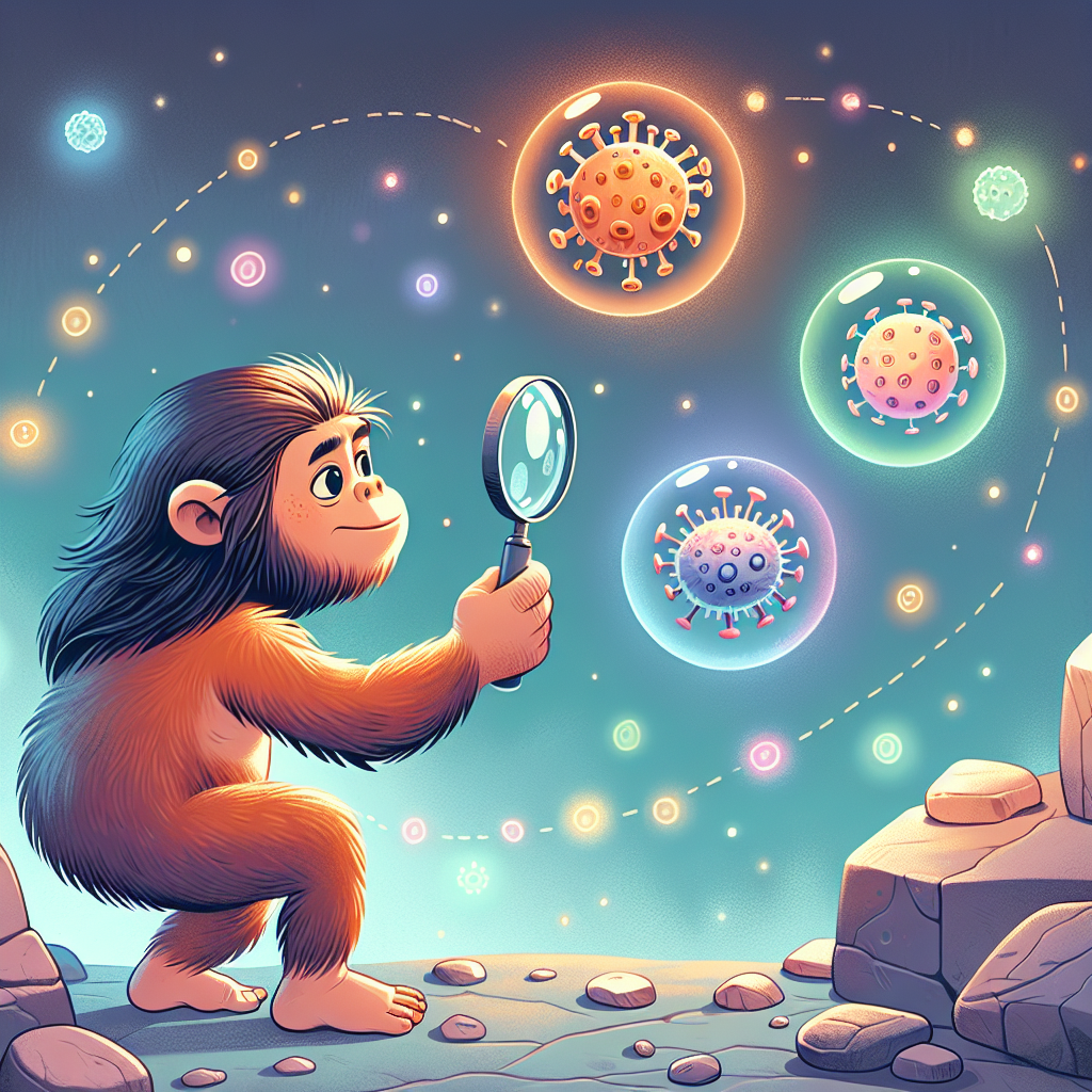 A photography for children of a Neanderthal holding a magnifying glass and looking at floating holograms of adenovirus, herpesvirus, and papillomavirus.