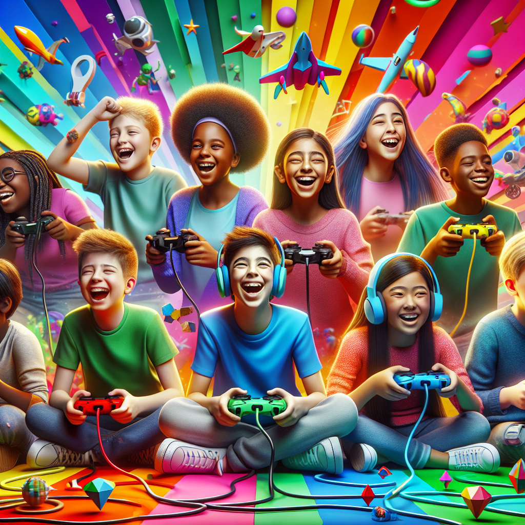 "a photography for children of a diverse group of kids joyfully using a customizable Xbox controller called Proteus, designed for players with different types of physical disabilities, in a fun and colorful gaming environment."