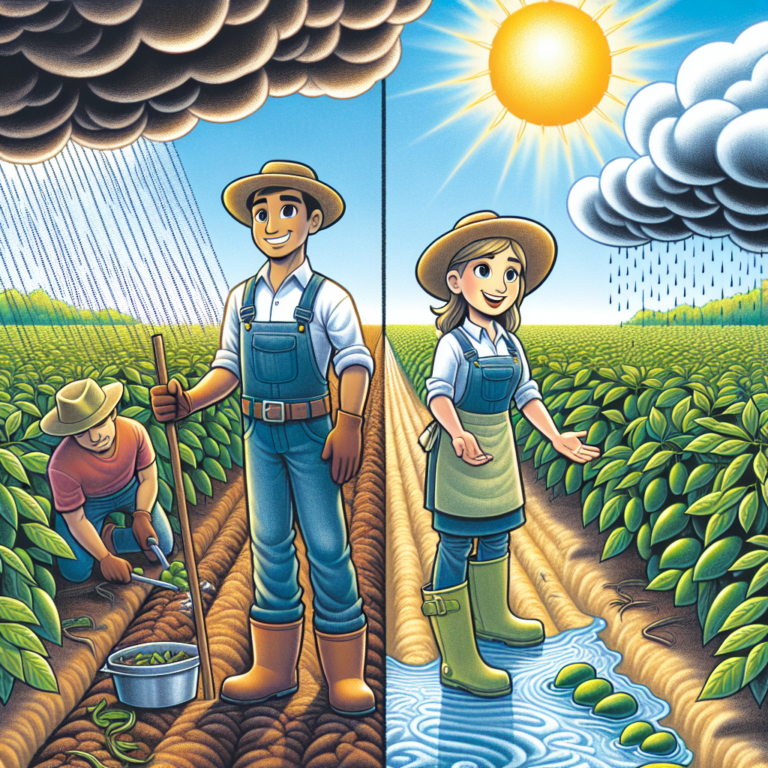 a photography for children of a farmer working in an avocado orchard with extreme weather conditions showing both a bright sun and heavy rain clouds in the sky