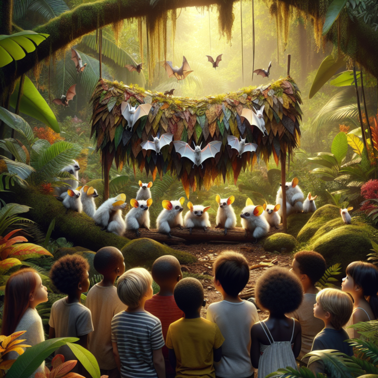 "A photography for children of adorable, fluffy white bats with yellow ears, building leaf tents in a tropical forest."