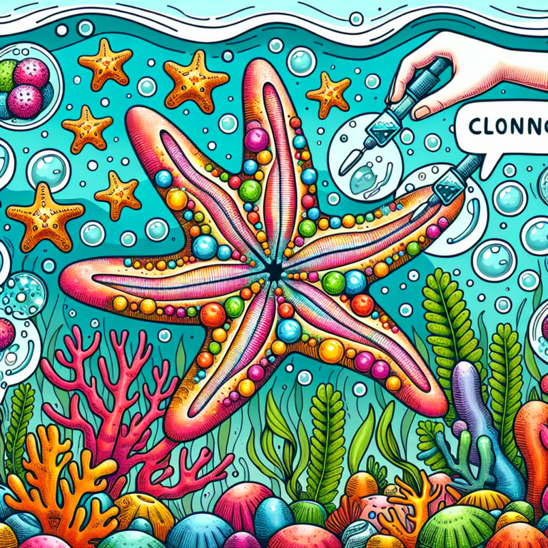 A photography for children of a fossilized starfish in the process of cloning with vibrant colors and whimsical underwater elements.