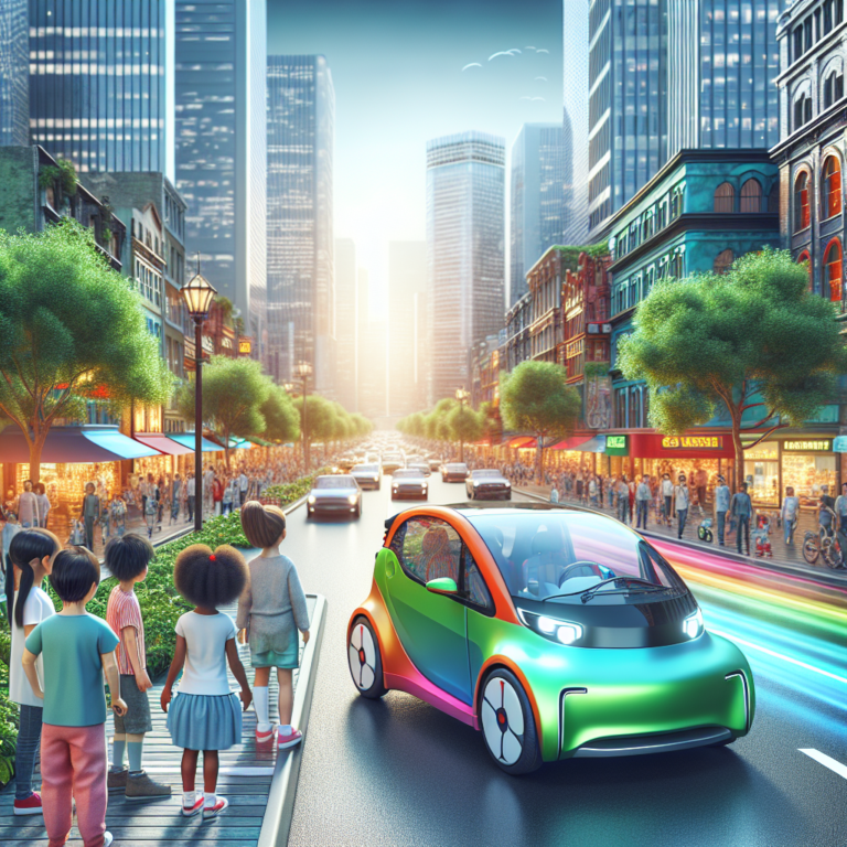 "A photography for children of a colorful, eco-friendly electric car driving through a lively city street."