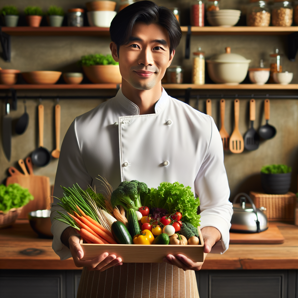 "a photography for children of a friendly chef holding a tray of colorful vegetables and herbs, smiling in a cozy kitchen."