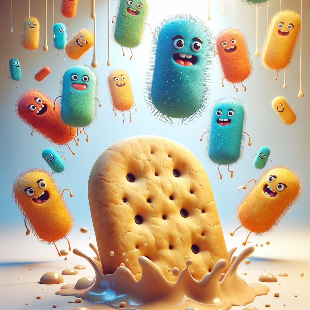 A photography for children of a biscuit falling to the ground with playful bacteria jumping towards it.