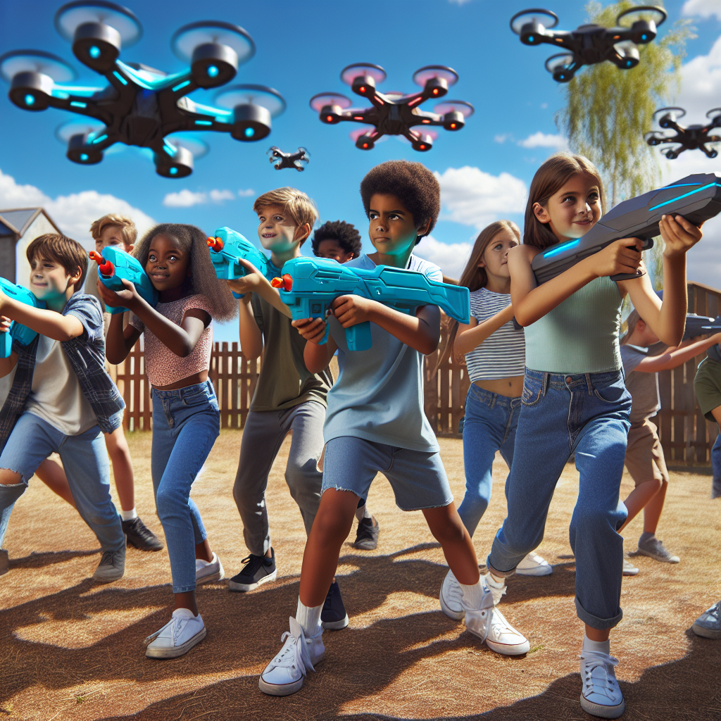 A photography for children of soldiers using a futuristic laser weapon to take down drones in the sky.