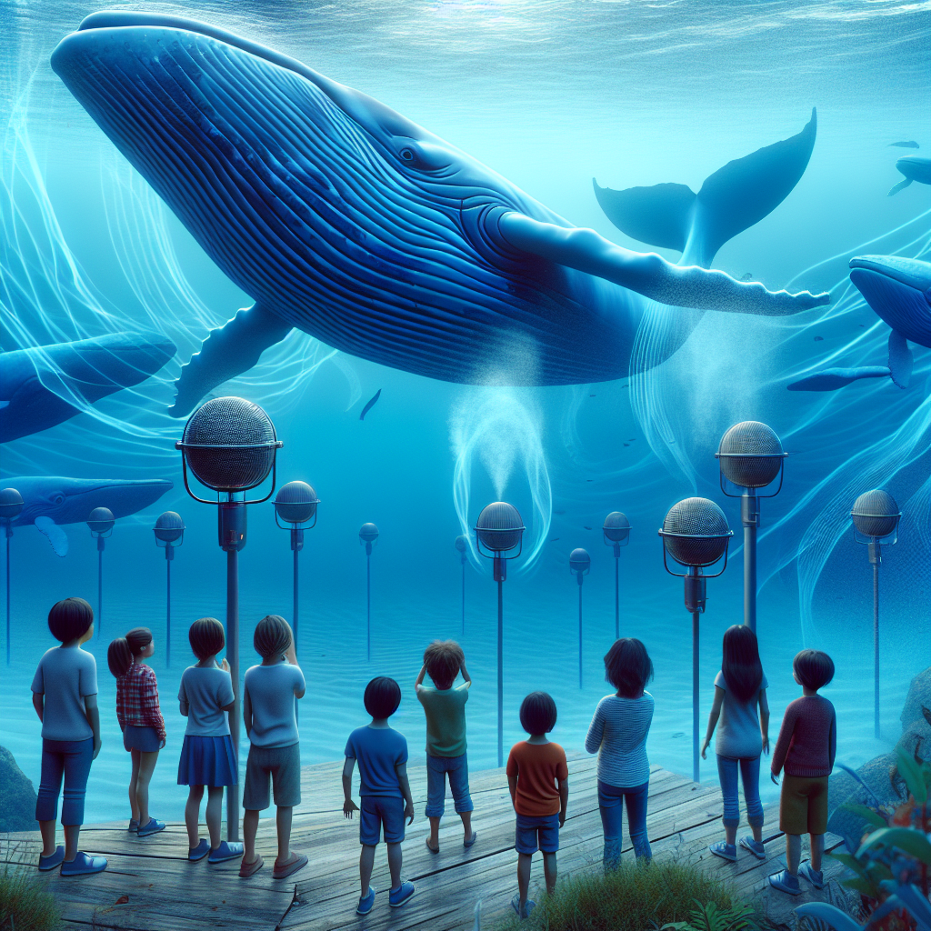 A photography for children of giant blue whales communicating underwater with sound waves, captured by buoy microphones.