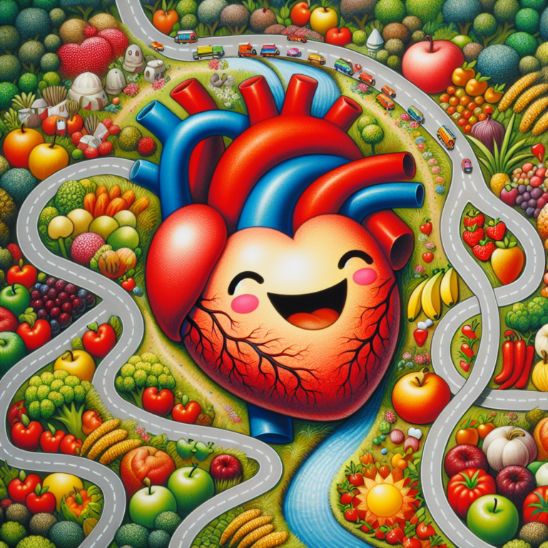 "A photography for children of a happy heart with tiny, smiling roads and fruits and vegetables around it, promoting heart health."