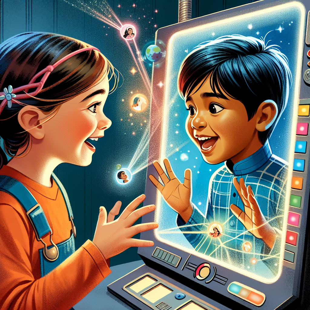 A photography for children of two kids using Google's Project Starline, appearing to talk to each other in 3D through a high-tech screen.