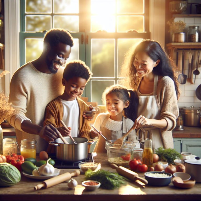 A photography for children of a happy family cooking together in a kitchen with a window open and fresh air coming in.