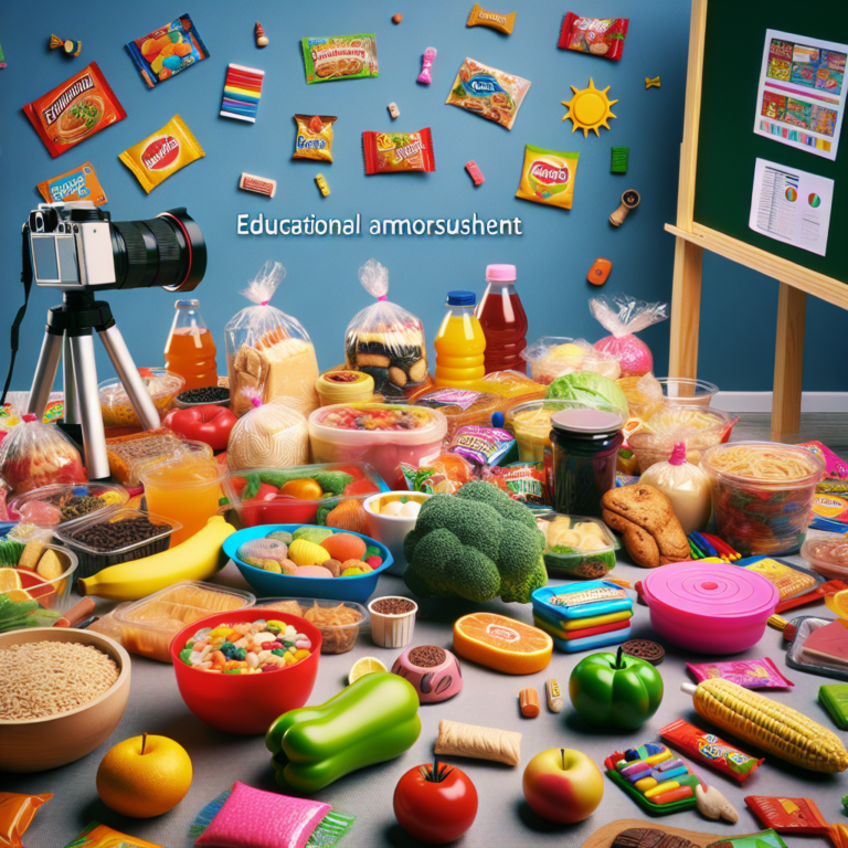 "A photography for children of various types of food in colorful plastic packaging with a fun and educational vibe."