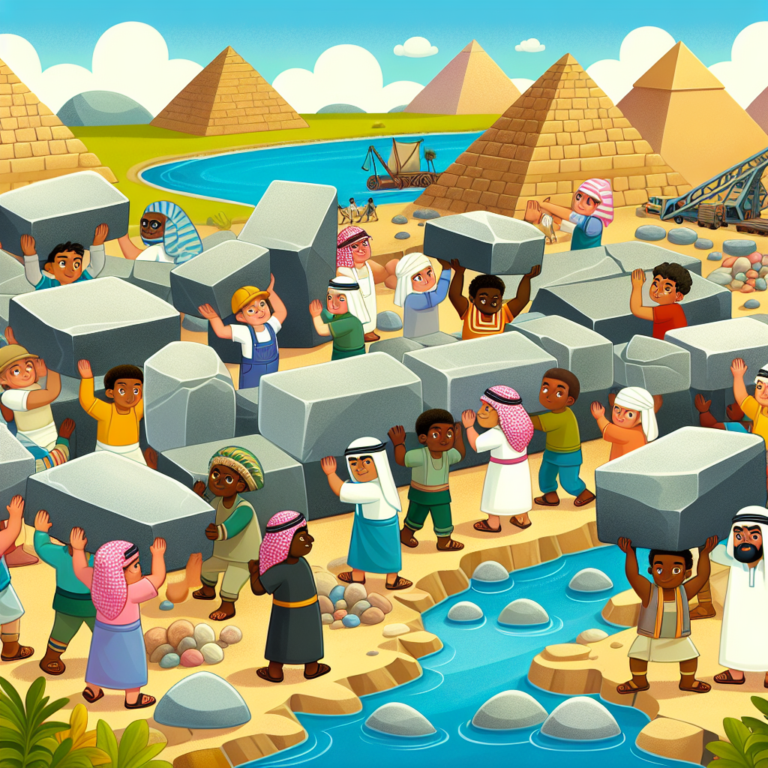 A photography for children of ancient Egyptian pyramids being built with rivers flowing nearby and workers transporting large stone blocks.